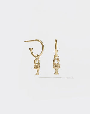A pair of gold-plated hoop earrings with lobster charms attached