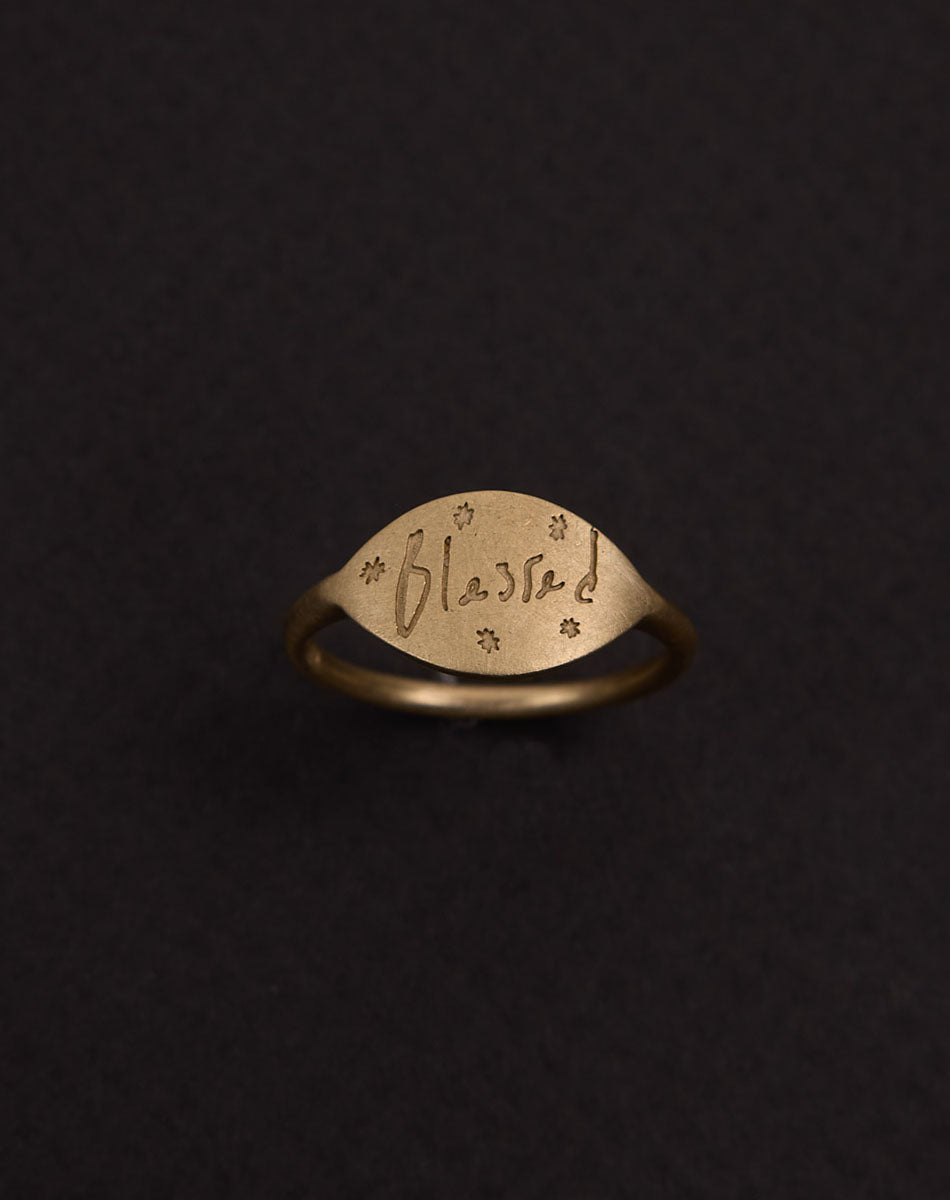 Meadowlark Jewellery’s Blessed Ring in 9ct Yellow Gold. A meaningful talisman for life’s journey, to serve as a daily reminder to honour the present and embrace gratitude for the quiet abundance all around us. Finished in a matte, brushed texture inspired by ancient heirlooms.  From the Dreams collection.