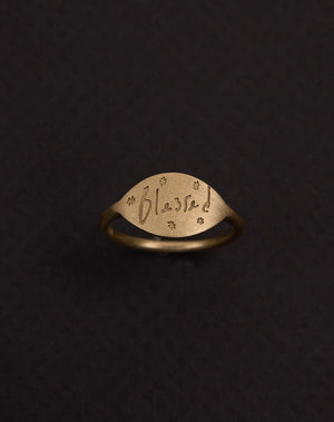 Meadowlark Jewellery’s Blessed Ring in 9ct Yellow Gold. A meaningful talisman for life’s journey, to serve as a daily reminder to honour the present and embrace gratitude for the quiet abundance all around us. Finished in a matte, brushed texture inspired by ancient heirlooms.  From the Dreams collection.