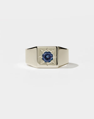 Meadowlark's Ramone Signet Ring in 14ct White Gold, star set with a 0.5ct round brilliant cut blue sapphire. A vintage inspired mens wedding band. A chunkier version of our Remy Signet Ring. Made in New Zealand.