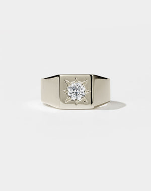 Meadowlark's Ramone Signet Ring in 14ct White Gold, star set with a 0.5ct round brilliant cut white diamond. A vintage inspired mens wedding band. A chunkier version of our Remy Signet Ring. Made in New Zealand.