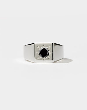 Meadowlark's Ramone Signet Ring in Platinum, star set with a 0.50ct round brilliant cut black diamond. A vintage inspired men's wedding band. A chunkier version of our Remy Signet Ring. Made in New Zealand.