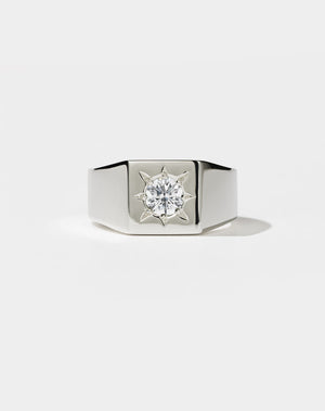 Meadowlark's Ramone Signet Ring in Platinum, star set with a 0.50ct round brilliant cut white diamond. A vintage inspired men's wedding band. A chunkier version of our Remy Signet Ring. Made in New Zealand.