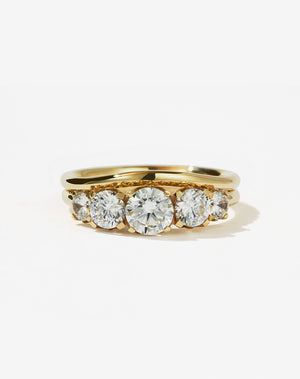 Meadowlark Jewellery’s classic Signature 5 Stone Engagement Ring in 9ct Yellow Gold, with 1.09ct round brilliant cut white diamonds. Set into our signature Meadowlark claw setting, featuring graphic lines inspired by our insignia. Pair with our bestseller, the Amelie Band Pave or Plain. One of our most timeless and beloved Ceremonial designs, made in New Zealand.
