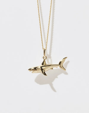 A gold shark charm necklace on a fine chain.