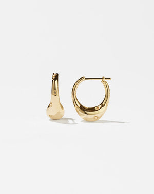 A pair of small gold-plated hoop earrings with a strawberry seed design, displayed against a white background.