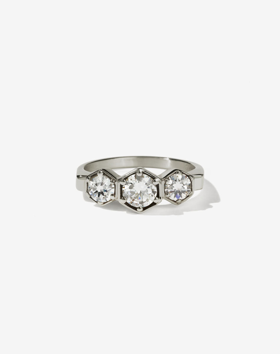 Meadowlark Jewellery’s classic 3 Hexagon Stone Engagement Ring in 18ct White Gold, claw set with round brilliant cut green sapphires. Fully traceable and ethically sourced blue and green sapphires from Queensland, Australia. A bold and beloved 3 stone ring, this Ceremonial design is made to order in New Zealand. 