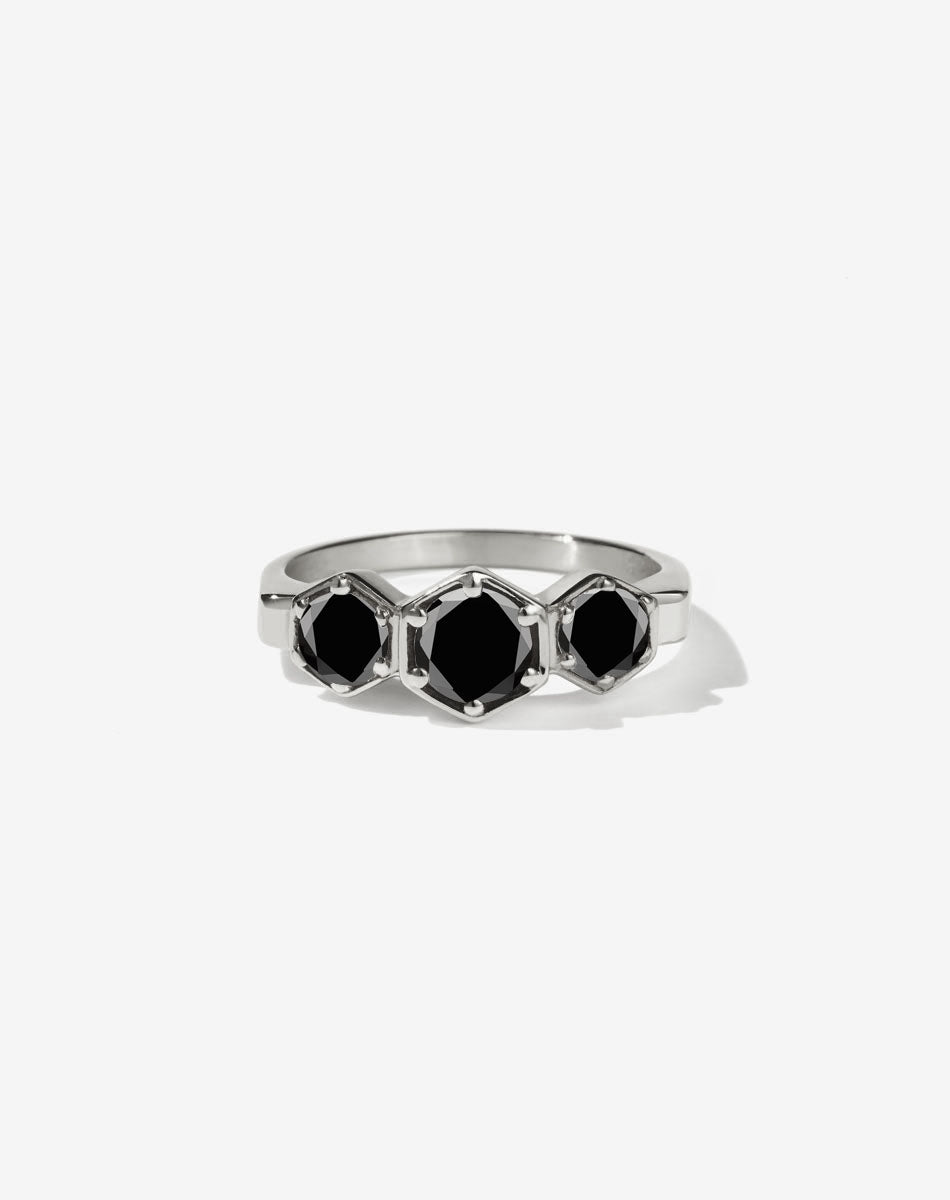 Meadowlark Jewellery’s classic 3 Hexagon Stone Engagement Ring in Platinum, claw set with round brilliant cut green sapphires. Fully traceable and ethically sourced blue and green sapphires from Queensland, Australia. A bold and beloved 3 stone ring, this Ceremonial design is made to order in New Zealand. 