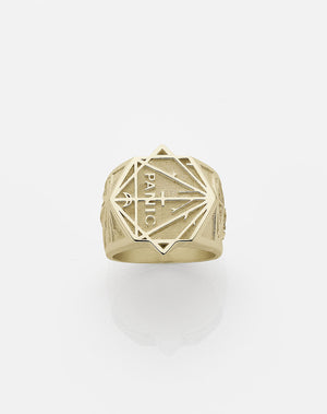 A 9ct solid gold ring with a geometric design and the brand 'Panic' visible on the top face. 