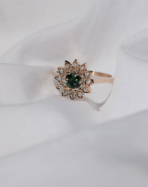 Floral diamond and sapphire engagement ring, made in New Zealand.