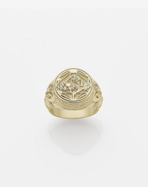A 9ct solid gold ring featuring a detailed artwork of a ram on the top surface, designed in collaboration with Andrew McLeod.
