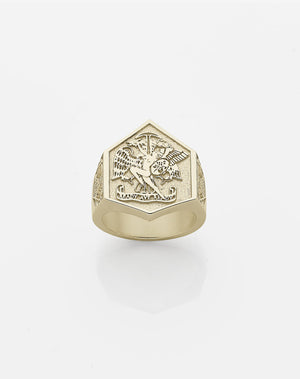 A 9ct solid gold ring with an embossed design in collaboration with Andrew Mcleod.