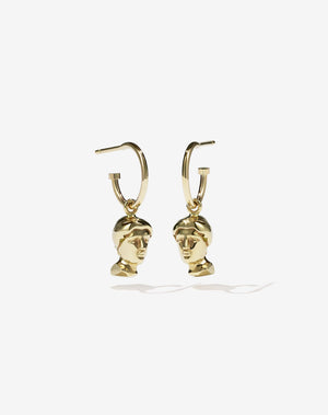 A pair of 9ct yellow gold hoop earrings with small solid busts, designed in collaboration with Vintage furniture store Babelogue.