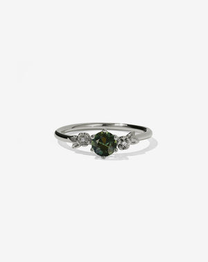 Floral Engagement Ring in white Gold with green sapphire.