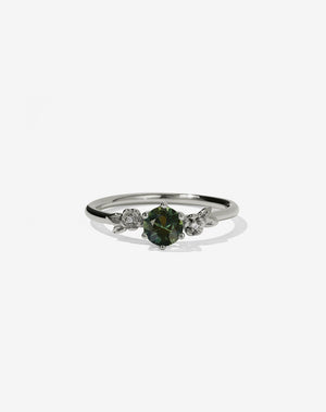 Floral Engagement Ring in white Gold with green sapphire.