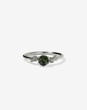 Floral Engagement Ring in white Gold with green sapphire.