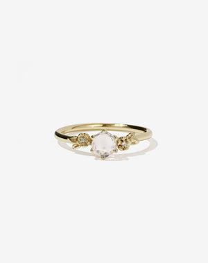 Meadowlark Jewellery’s iconic Alba Engagement Ring in 9ct Yellow Gold, claw set with a round brilliant cut morganite. Round band adorned with flowers, set with round brilliant cut white diamonds. Pair with our bestseller, the Alba Band Stone Set or Plain. Made in New Zealand.