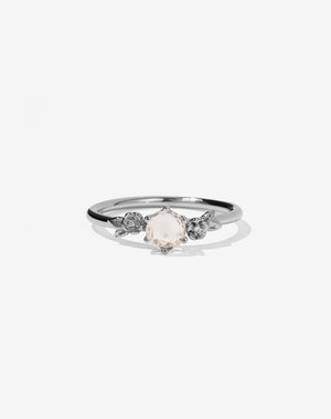 Meadowlark Jewellery’s iconic Alba Engagement Ring in Platinum, claw set with a round brilliant cut morganite. Round band adorned with flowers, set with round brilliant cut white diamonds. Pair with our bestseller, the Alba Band Stone Set or Plain. Made in New Zealand.