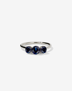 Meadowlark Jewellery’s classic Signature 3 Stone Engagement Ring in 9ct White Gold, with round brilliant cut blue sapphires. Fully traceable and ethically sourced blue and green sapphires from Queensland, Australia. Set into our signature Meadowlark claw setting, featuring graphic lines inspired by our insignia. Pair with our bestseller, the Amelie Band Pave or Plain. One of our most timeless and beloved Ceremonial designs, made to order in New Zealand.