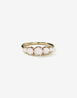 A classic yellow gold, five stone diamond engagement ring. Set with morganite.