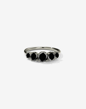 A classic white gold, five stone diamond engagement ring. Set with black diamonds.