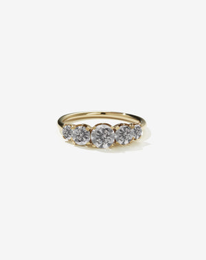 Meadowlark Jewellery’s classic Signature 5 Stone Engagement Ring in 9ct Yellow Gold, with round brilliant cut grey diamonds. Set into our signature Meadowlark claw setting, featuring graphic lines inspired by our insignia. Pair with our bestseller, the Amelie Band Pave or Plain. One of our most timeless and beloved Ceremonial designs, made in New Zealand.