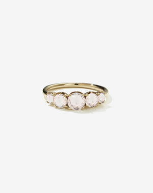Meadowlark Jewellery’s classic Signature 5 Stone Engagement Ring in 9ct Yellow Gold, with round brilliant cut morganite. Set into our signature Meadowlark claw setting, featuring graphic lines inspired by our insignia. Pair with our bestseller, the Amelie Band Pave or Plain. One of our most timeless and beloved Ceremonial designs, made in New Zealand.