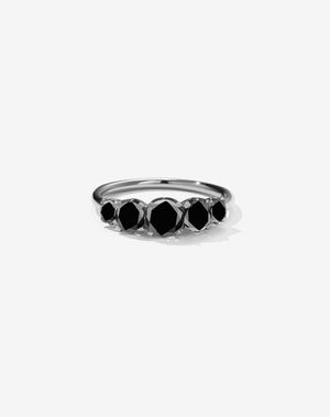 A classic white gold, five stone diamond engagement ring. Set with black diamonds.