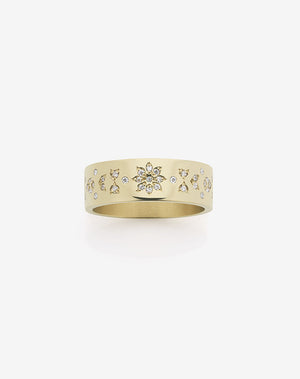 A 9ct yellow gold ring with ornate floral engravings and round brilliant cut white diamonds set throughout.